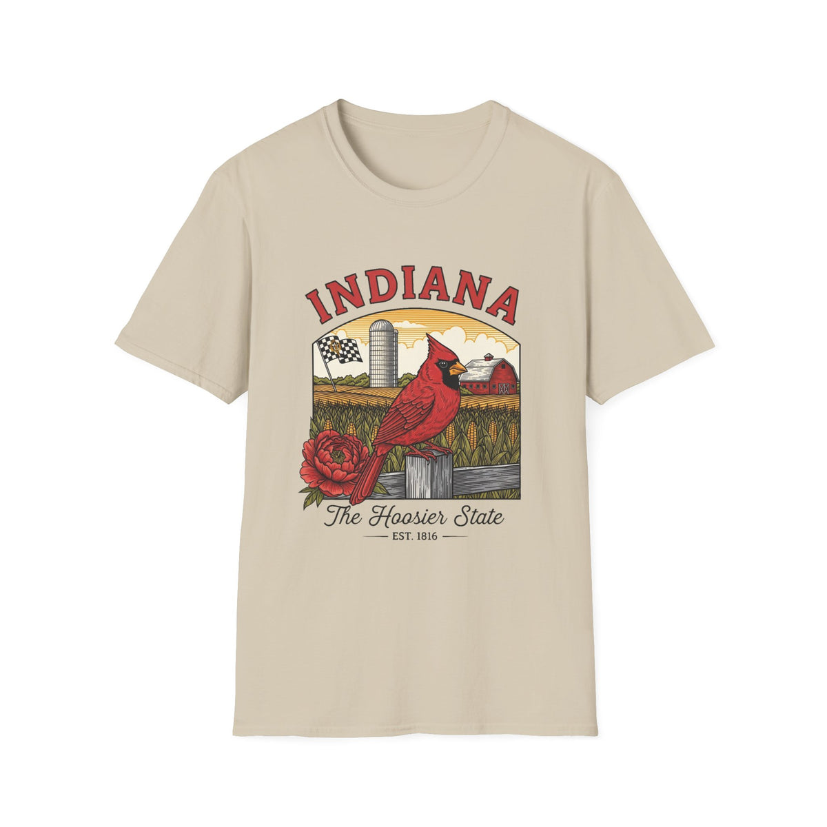Indiana Cardinal Bird Tee — The Hoosier State Vintage Farm Design Travel Tourist Graphic Design Unisex 100 Cotton Gildan T-Shirt