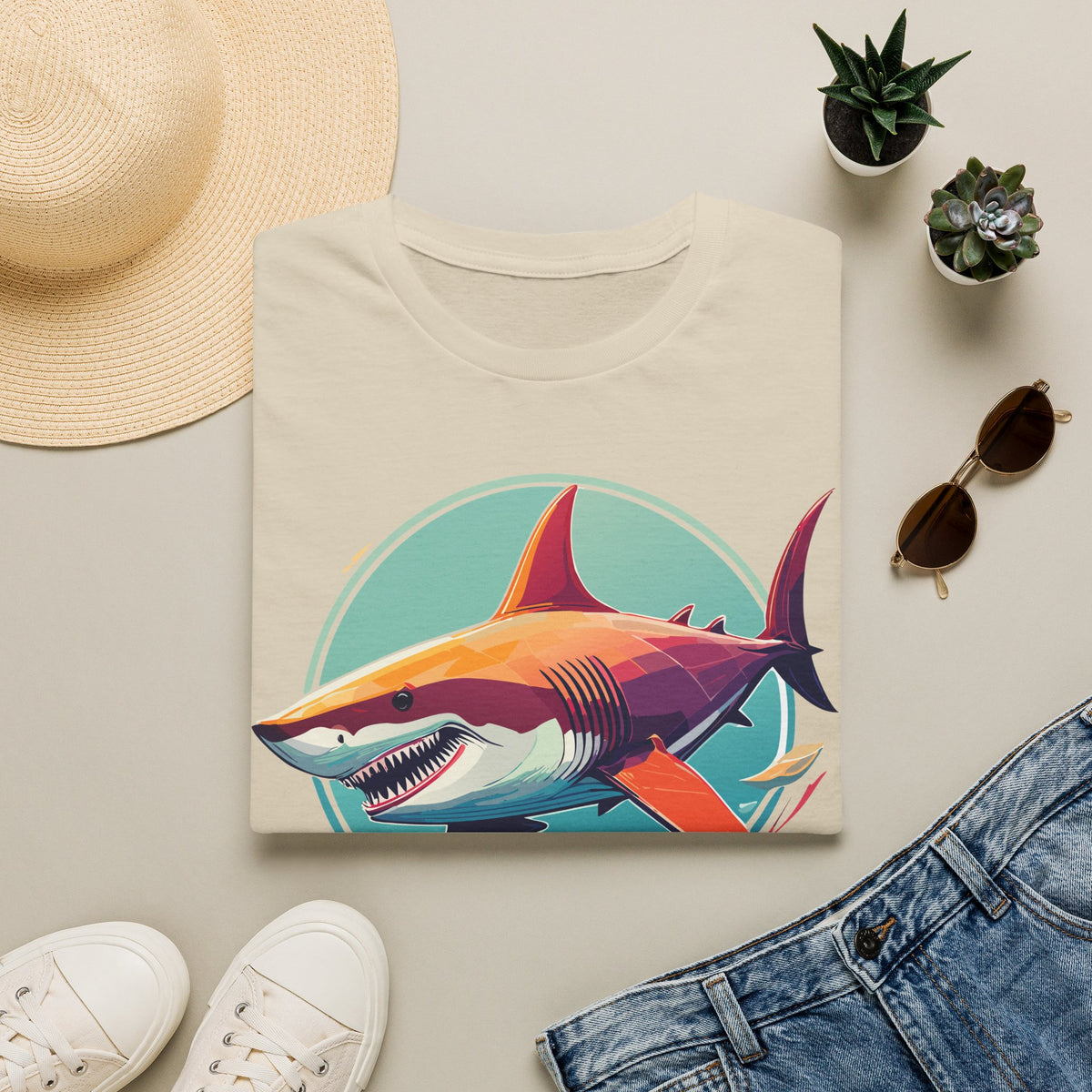 Colorful Great White Shark Illustration T-Shirt | Ocean Retro Graphic