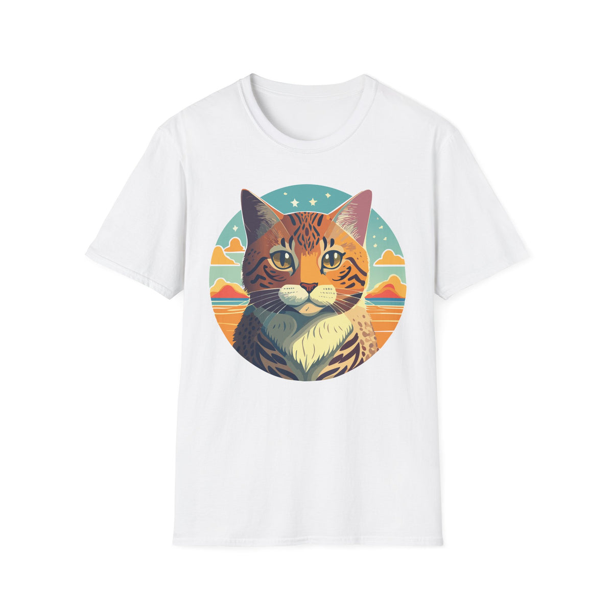 Retro Tabby Cat Illustration T-Shirt | Vintage Sunset Cat Tee