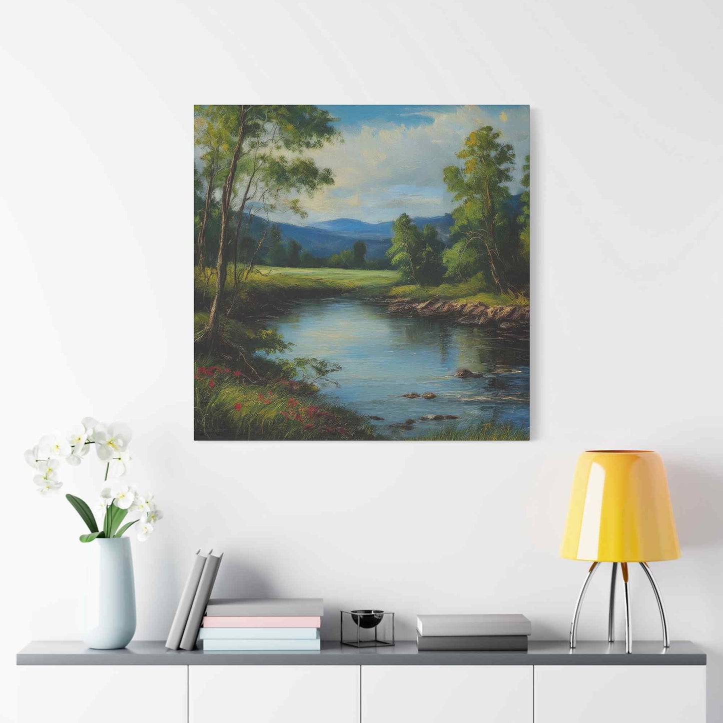 River Print Canvas, Landscape Oil Paint Print 20x20, 24x24, 30x30, 32x32, 36x36 Art Design Print Pine-Wood Inner Frame MC-53