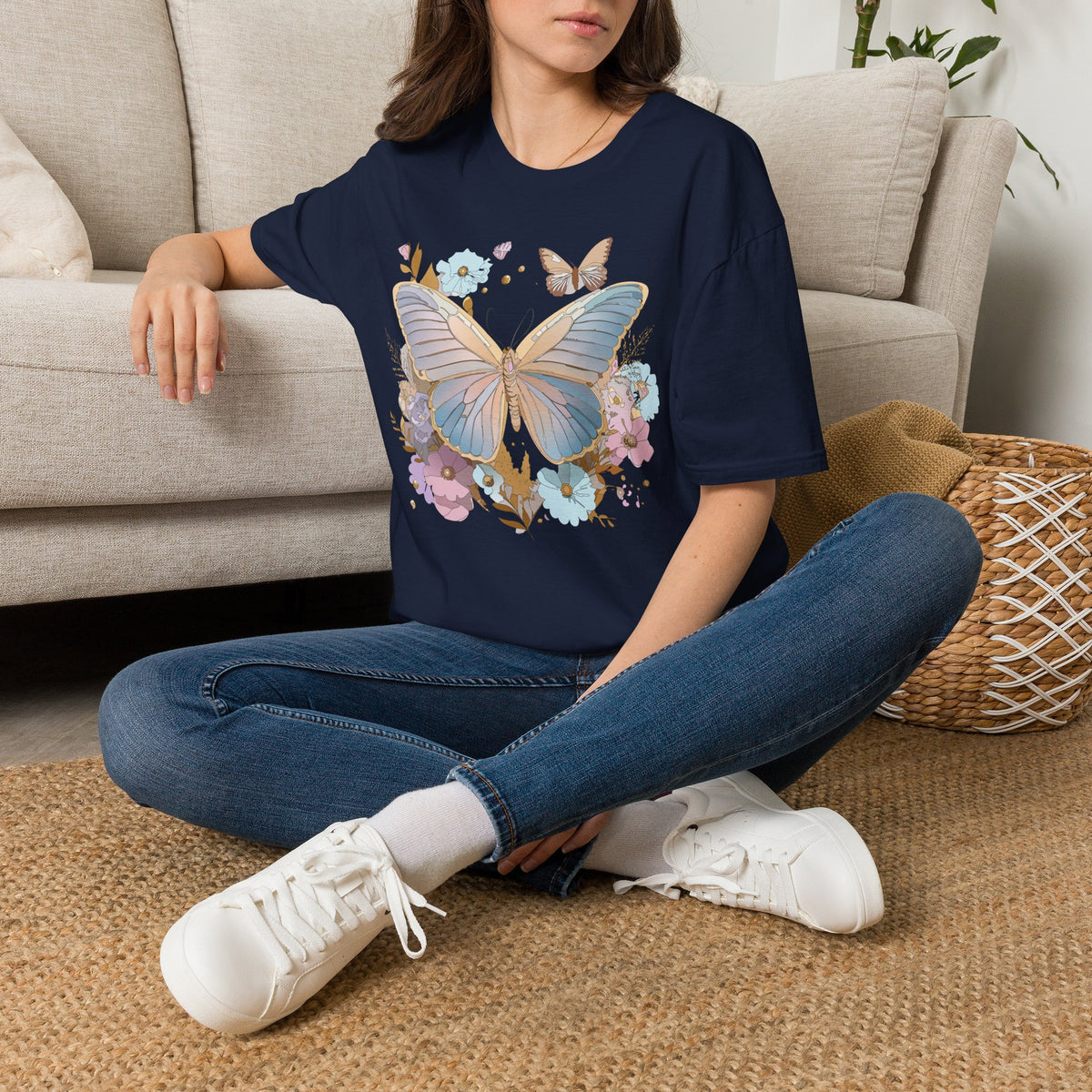 Butterfly Bloom T-Shirt — Pastel Floral Butterfly Graphic Design Unisex 100 Cotton Gildan T-Shirt