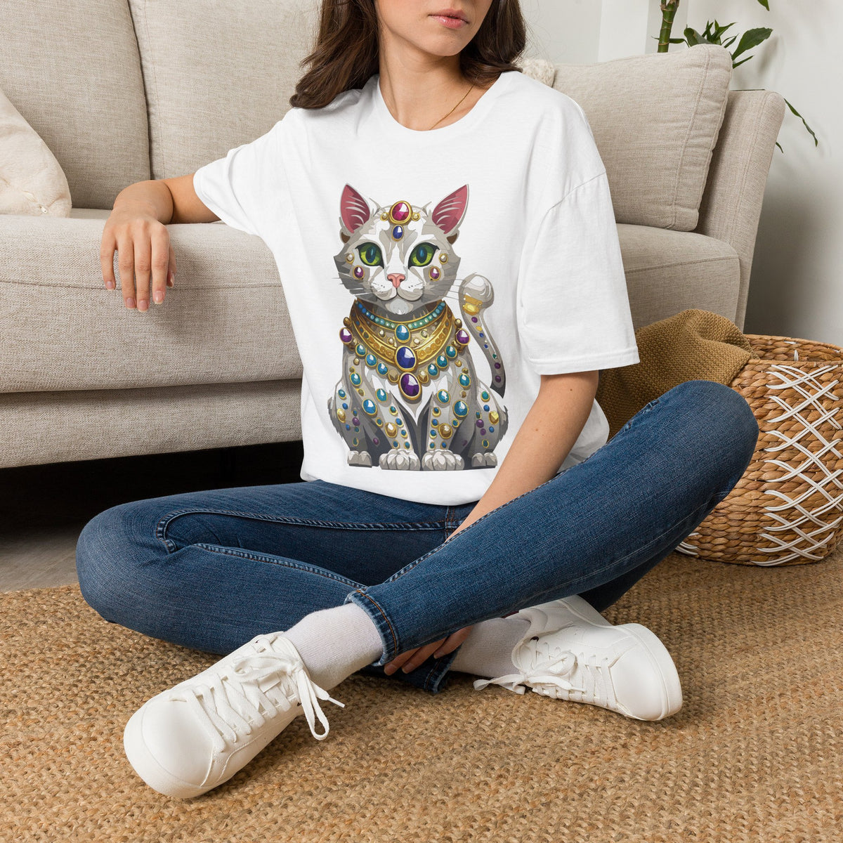 Jeweled Egyptian Cat T-Shirt | Regal Cat Illustration, Gemstone Pharaoh Design