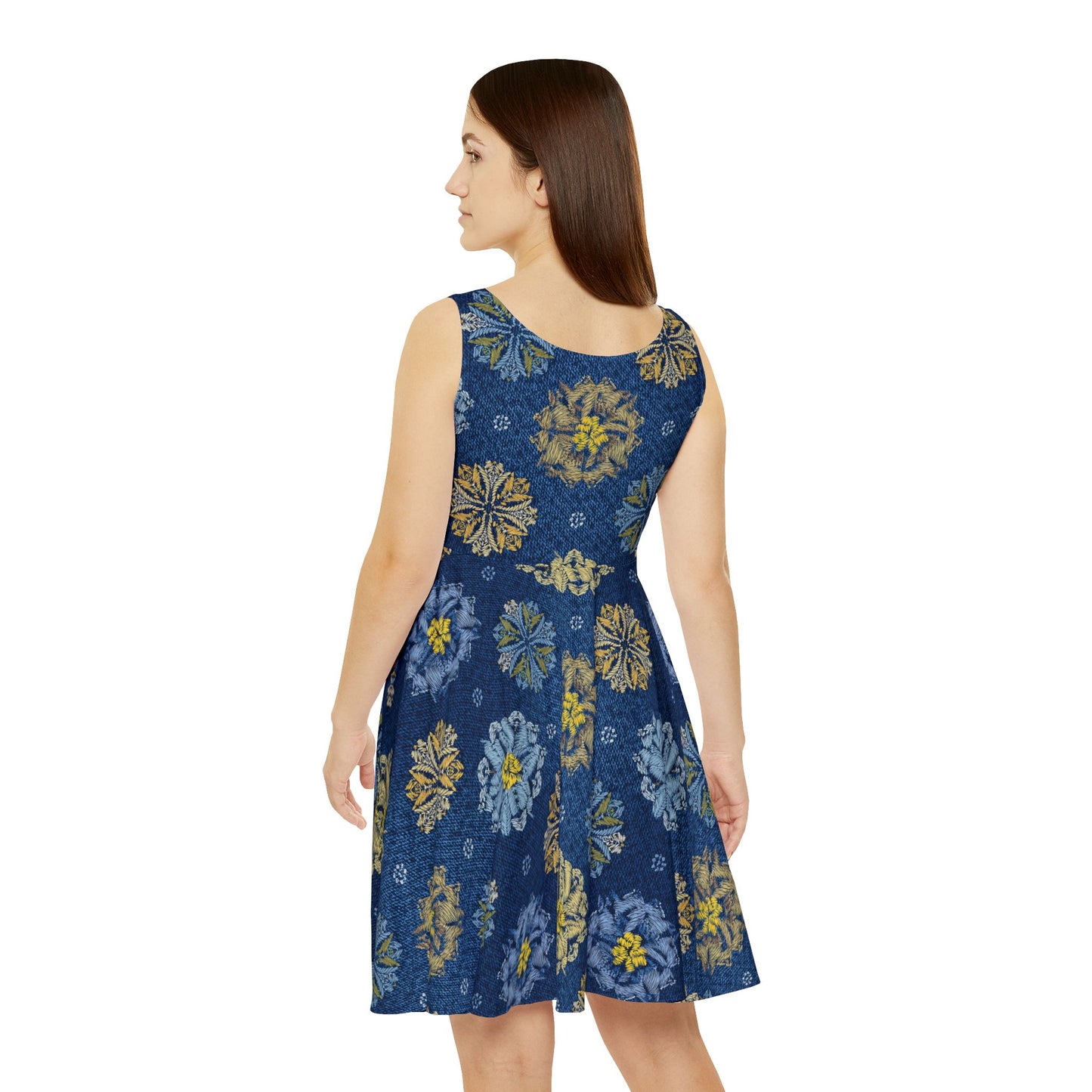 Women Denim Print Skater Dress, Denim Print Poly-Span Dress - 34