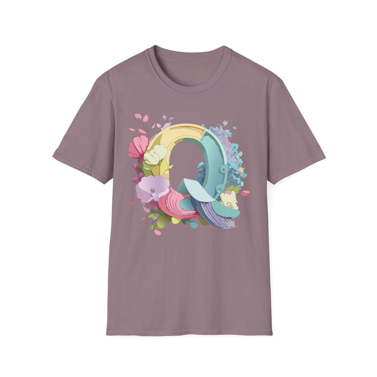 Floral Letter Q T-Shirt | Pastel Rainbow Monogram Tee