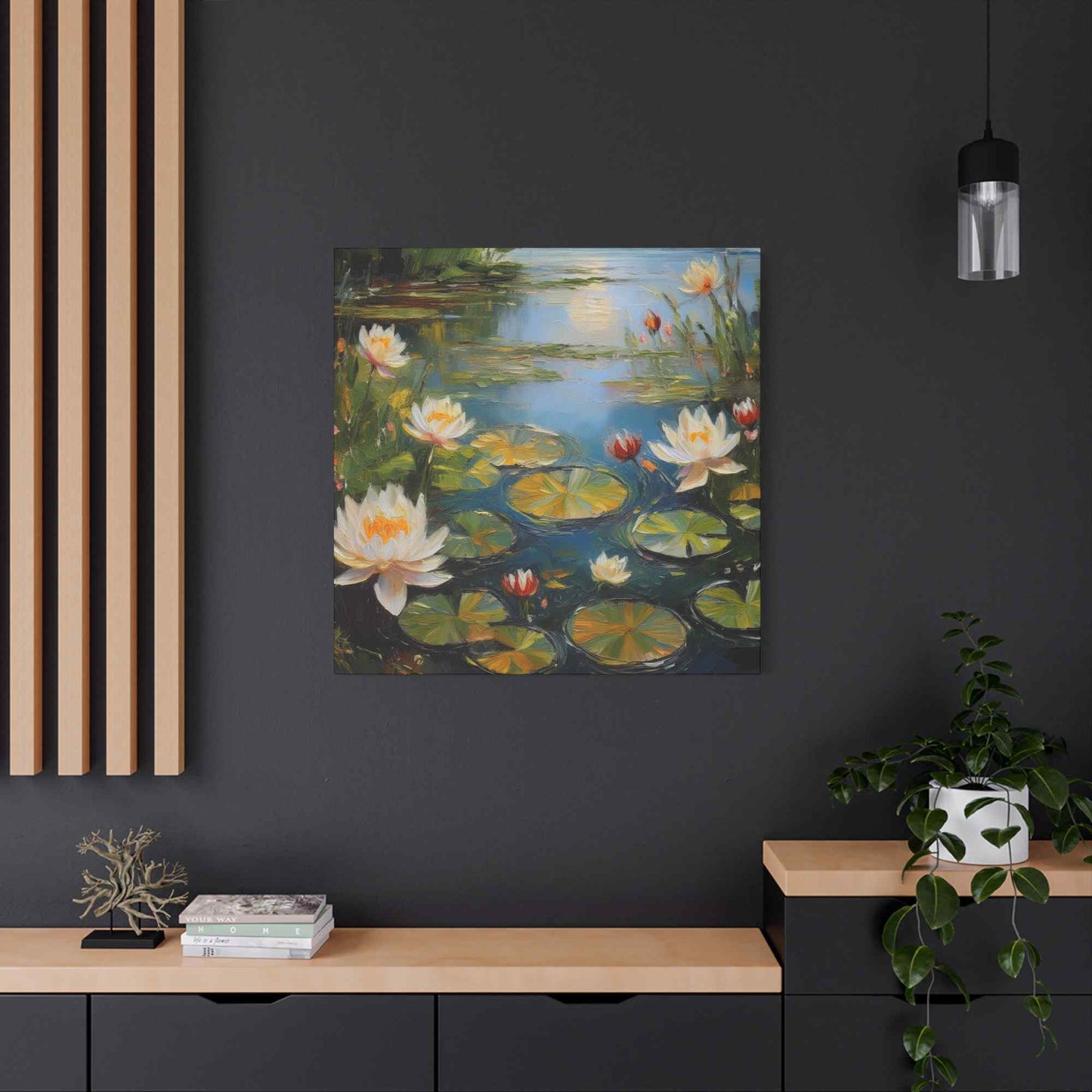 Water Lilies Print Canvas, Oil Paint Print 20x20, 24x24, 30x30, 32x32, 36x36 Floral Art Print Pine-Wood Inner Frame MC-64