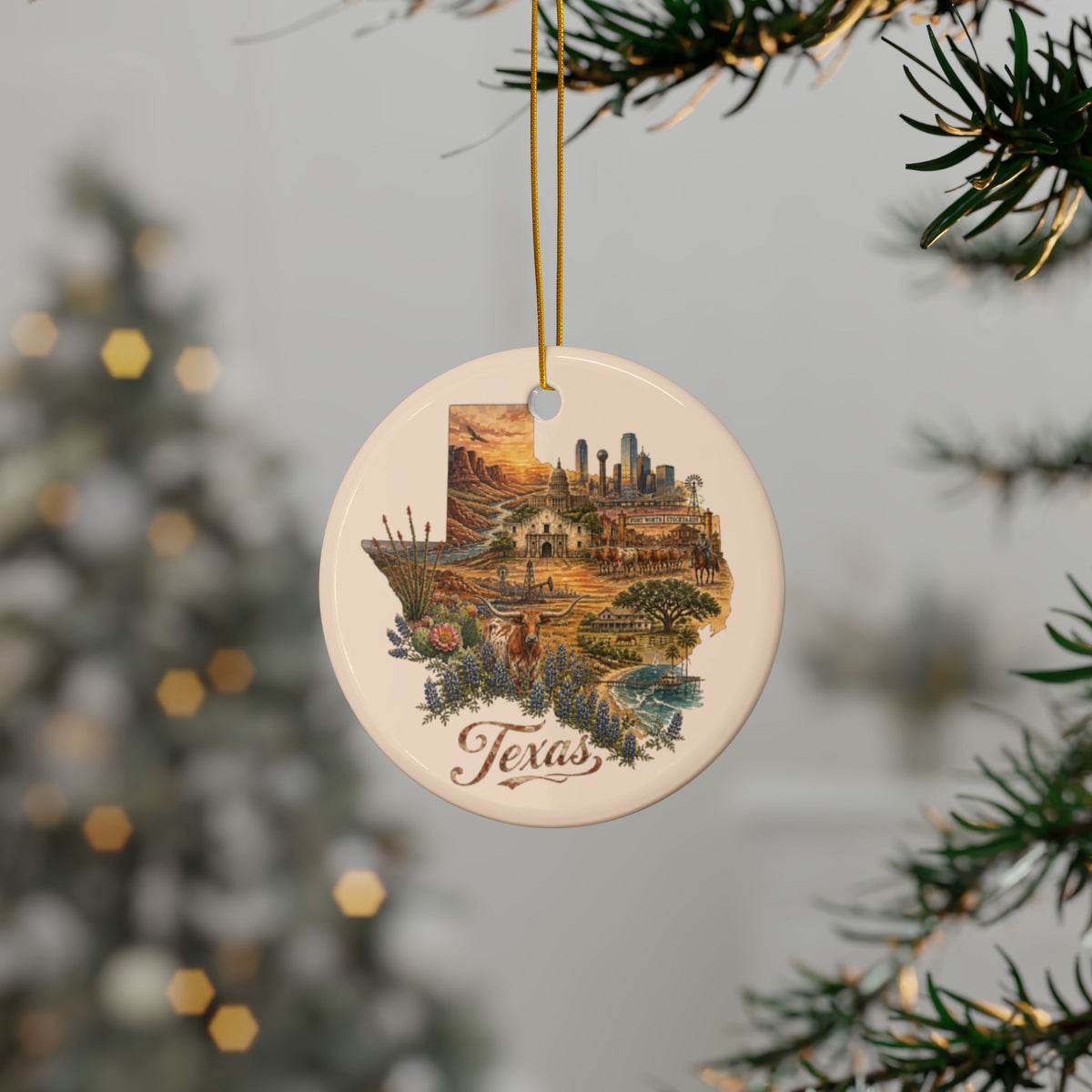 Texas state collage Ceramic Ornament | Round Double-Sided Holiday Decoration - 2.99" Includes Gold String