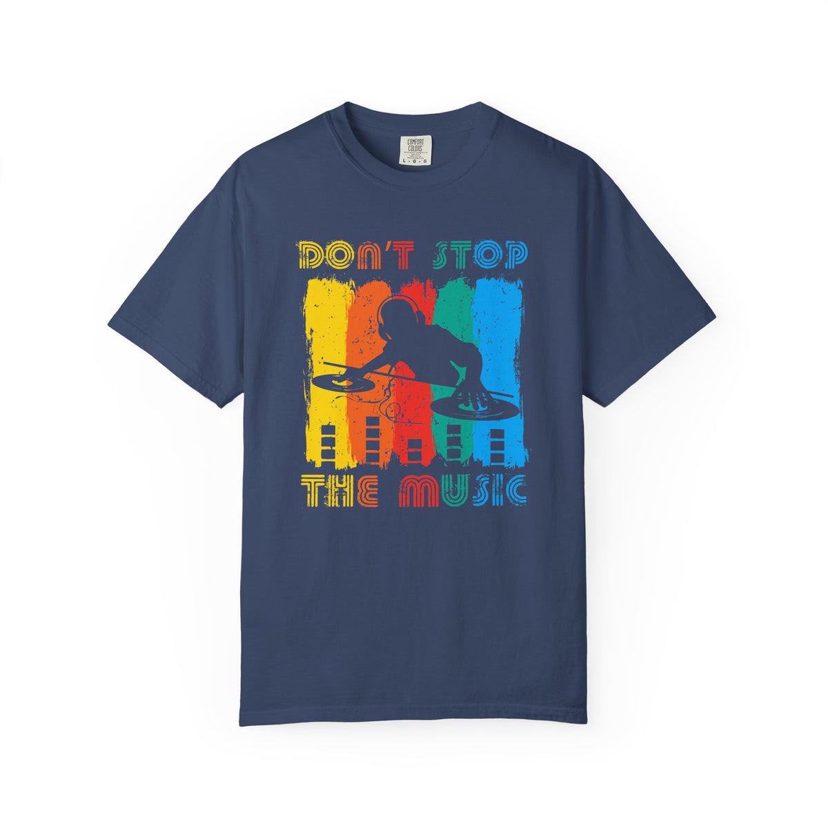 Don t Stop the Music DJ Silhouette T-Shirt Retro Rainbow Turntables Unisex Cotton Tee 014