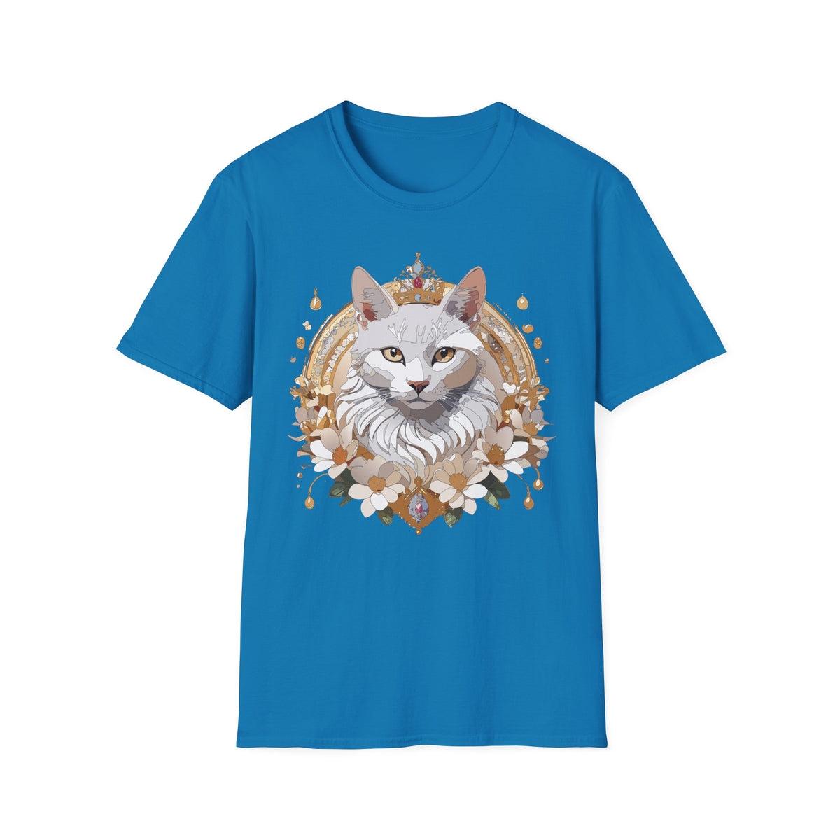 Regal White Cat Illustration T-Shirt | Crowned Feline Art