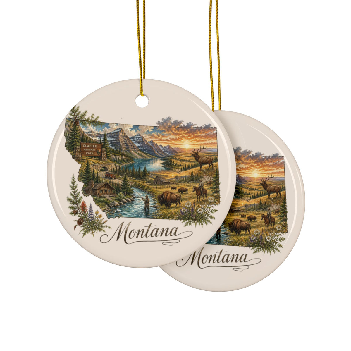 Montana Landscape Ornament | Ceramic Round State Scenic Ornament - 2.99" Includes Gold String