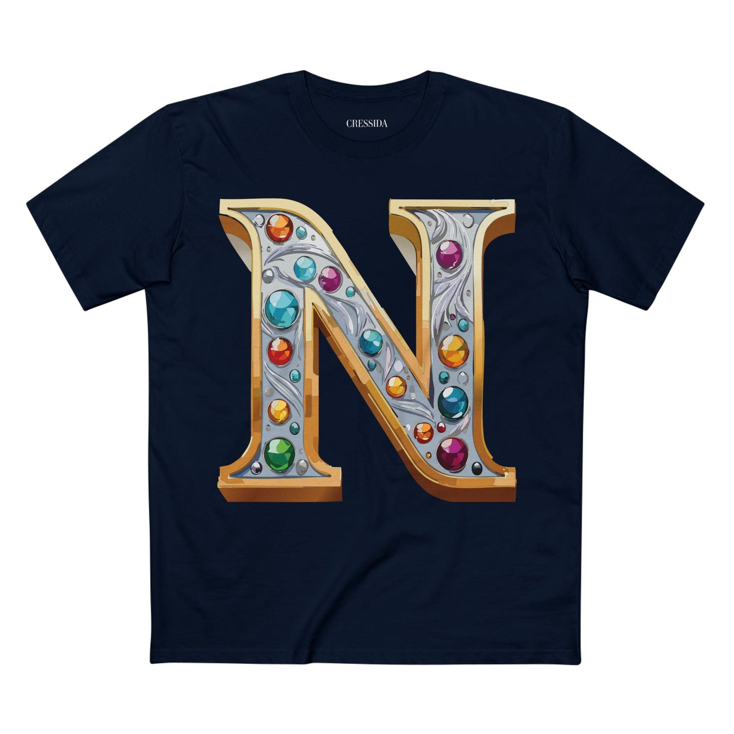 Letter N Graphic Design Tee Unisex 100 Cotton With Antique Gold Letters Artwork T-Shirt
