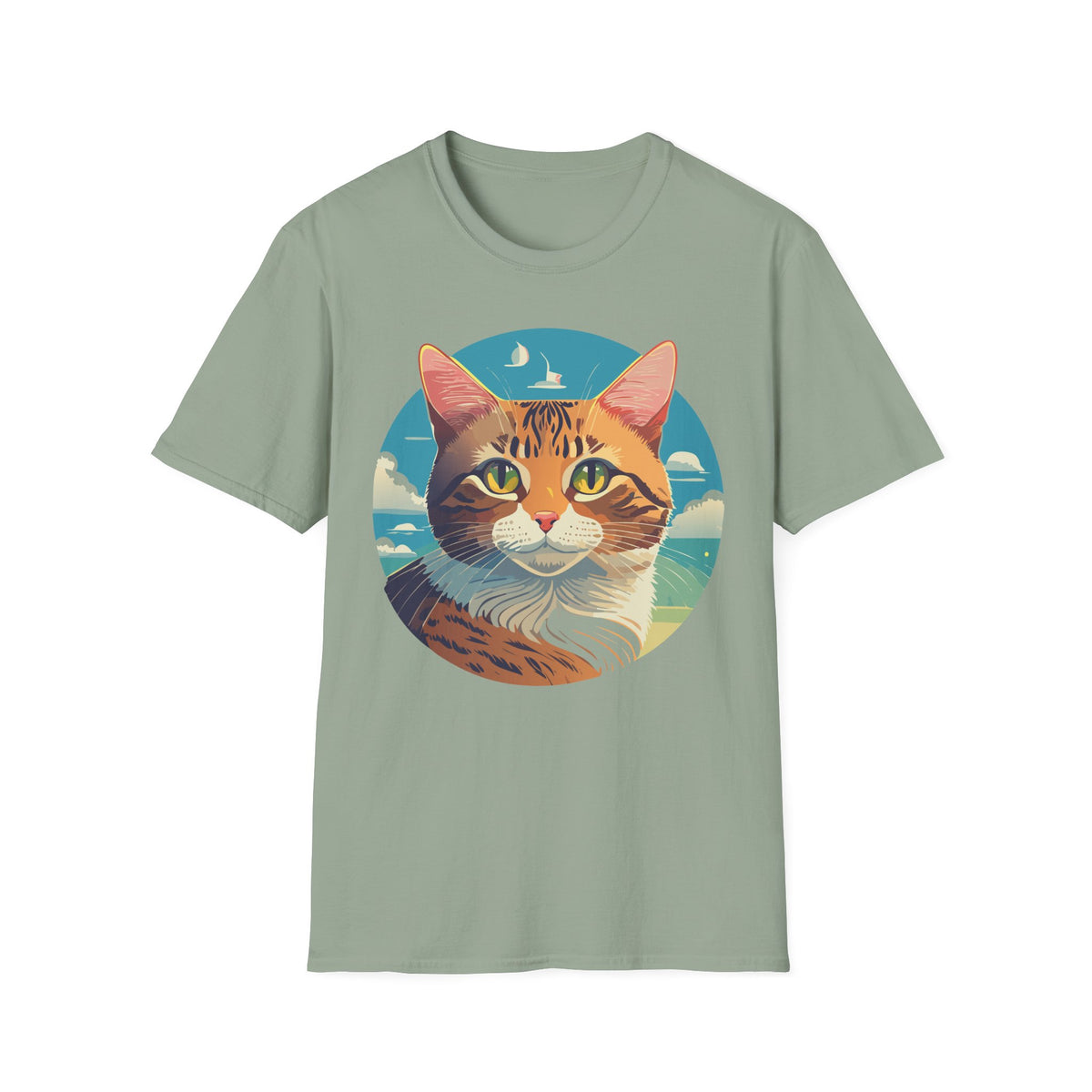 Sunset Tabby Cat T-Shirt | Cat Portrait Tee, Beach Sky Illustration