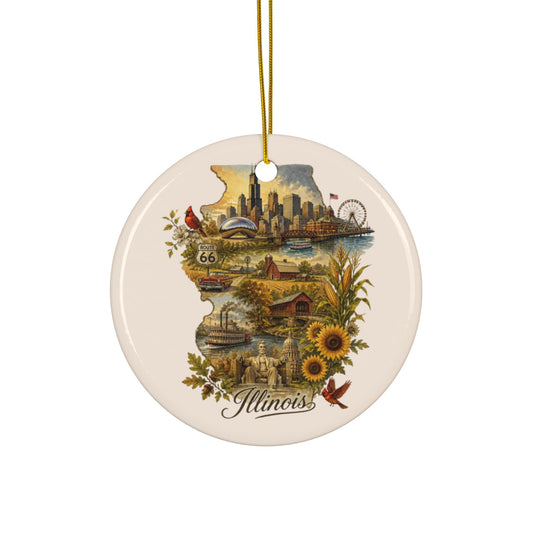 Illinois state map collage Ornament | Ceramic round double-sided, Chicago skyline, sunflowers - 2.99" Includes Gold String