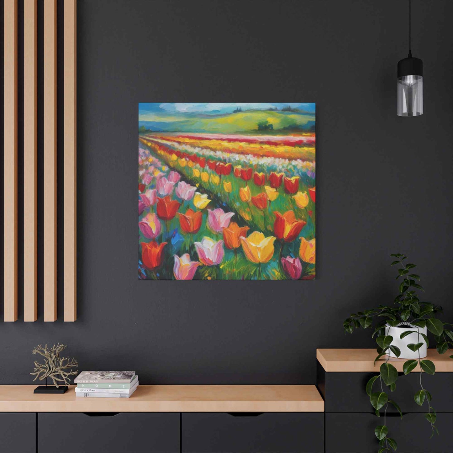 Tulips Fields Print Canvas, Floral Oil Paint Print 20x20, 24x24, 30x30, 32x32, 36x36 Art Design Pine-Wood Inner Frame MC-147