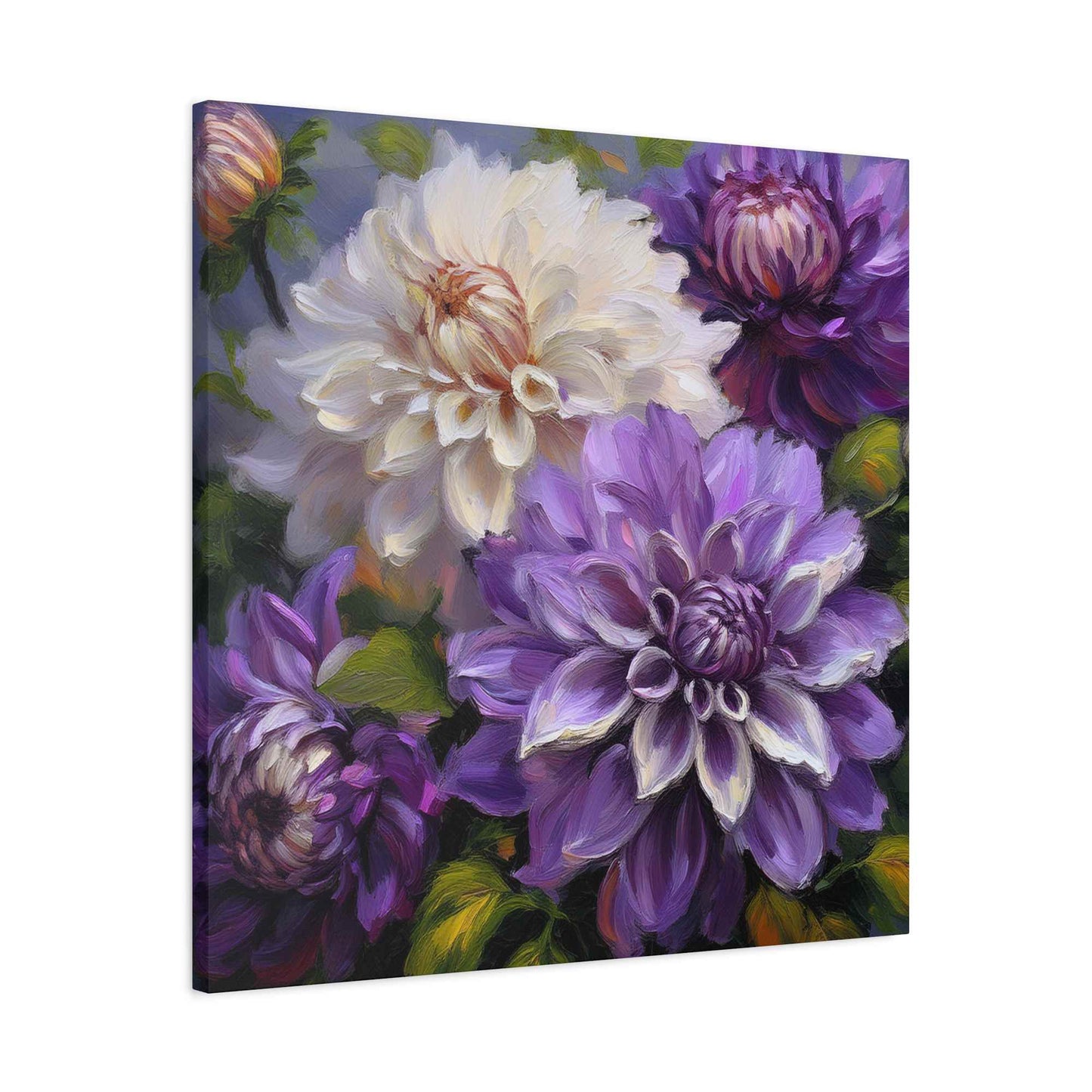 Dahlias Floral Print Canvas, Floral Oil Paint Print 20x20, 24x24, 30x30, 32x32, 36x36 Art Design Pine-Wood Inner Frame MC-172