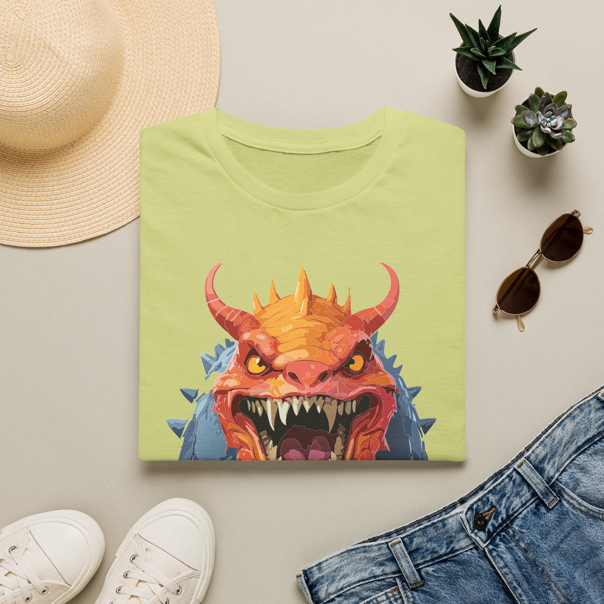 Dragon Monster T-Shirt — Fierce Orange & Blue Fantasy Creature Cartoon Graphic Tee Unisex 100 Cotton Gildan T-Shirt
