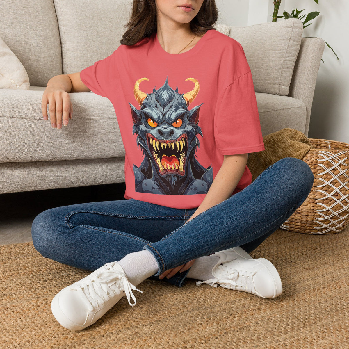Demonic Monster Face T-Shirt — Fierce Horned Demon Cartoon Graphic Tee Unisex 100 Cotton Gildan T-Shirt