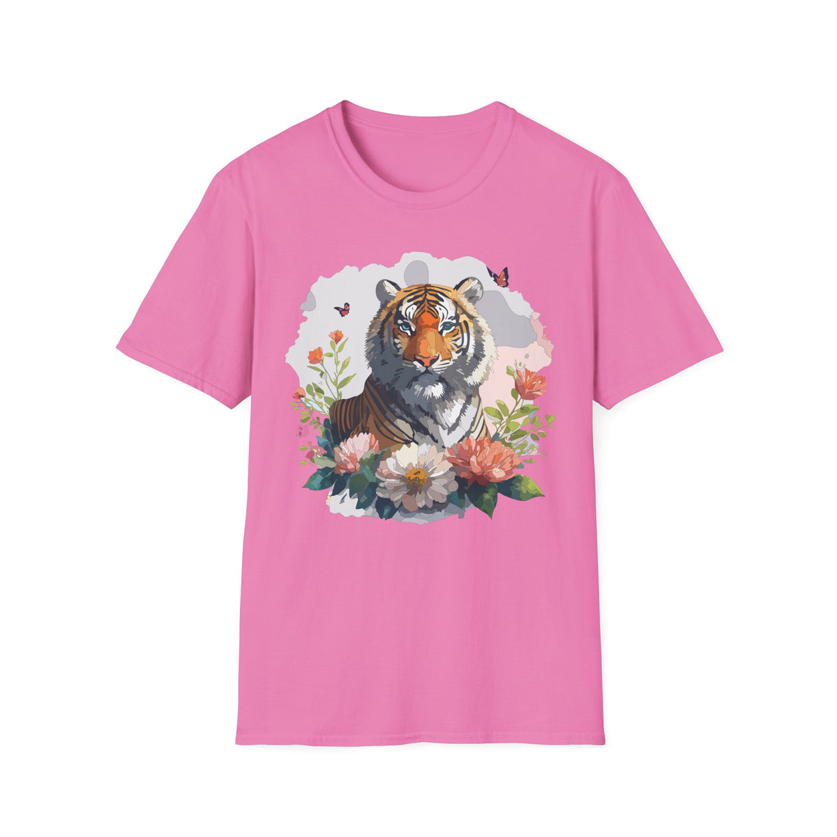 Floral Tiger Illustration T-Shirt | Tiger Portrait Tee, Butterfly Accents