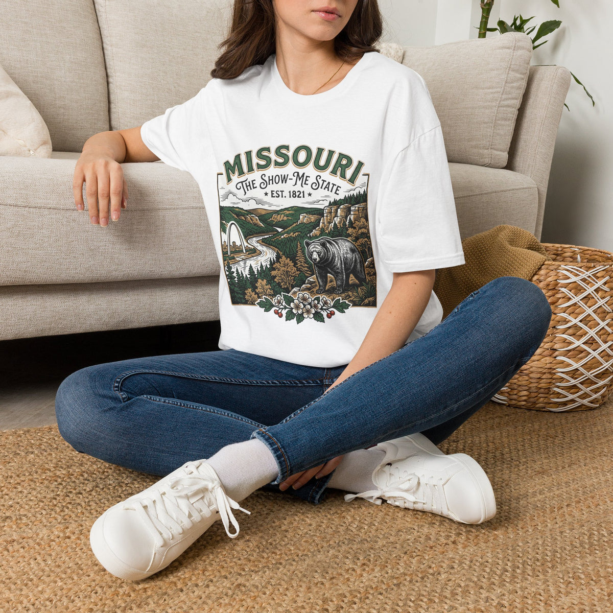 Missouri Vintage State Pride T-Shirt — State Scenic Bear Design Travel Tourist Graphic Design Unisex 100 Cotton Gildan T-Shirt