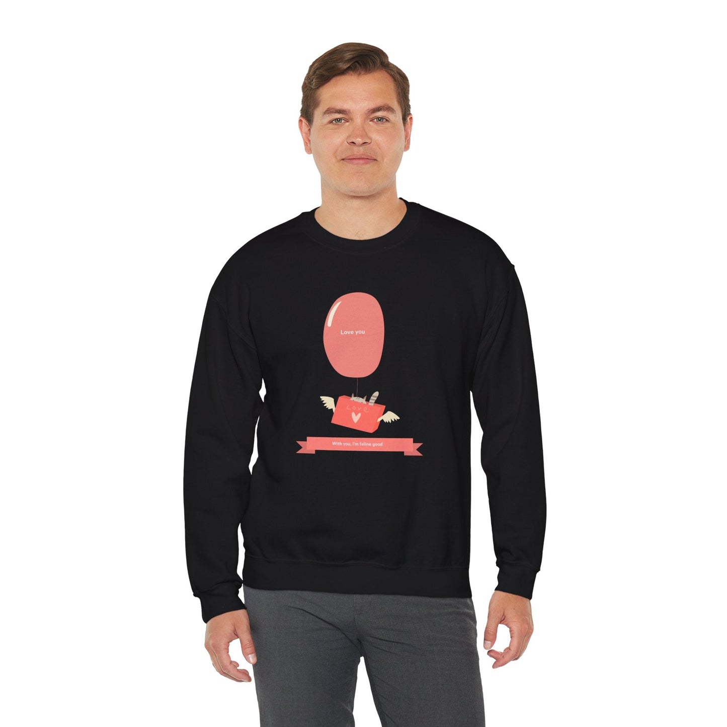 Cat Love Balloon Sweatshirt Unisex Fifty Fifty Cotton Poly Valentine Heavy Blend Crewneck Sweatshirt