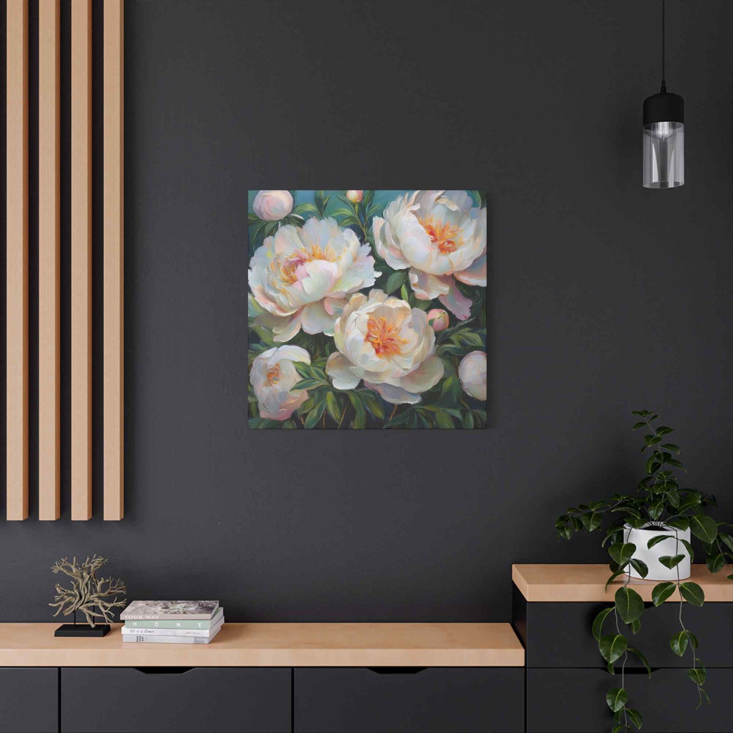 White Peonies Print Canvas, Floral Oil Paint Print 20x20, 24x24, 30x30, 32x32, 36x36 Art Design Pine-Wood Inner Frame MC-123