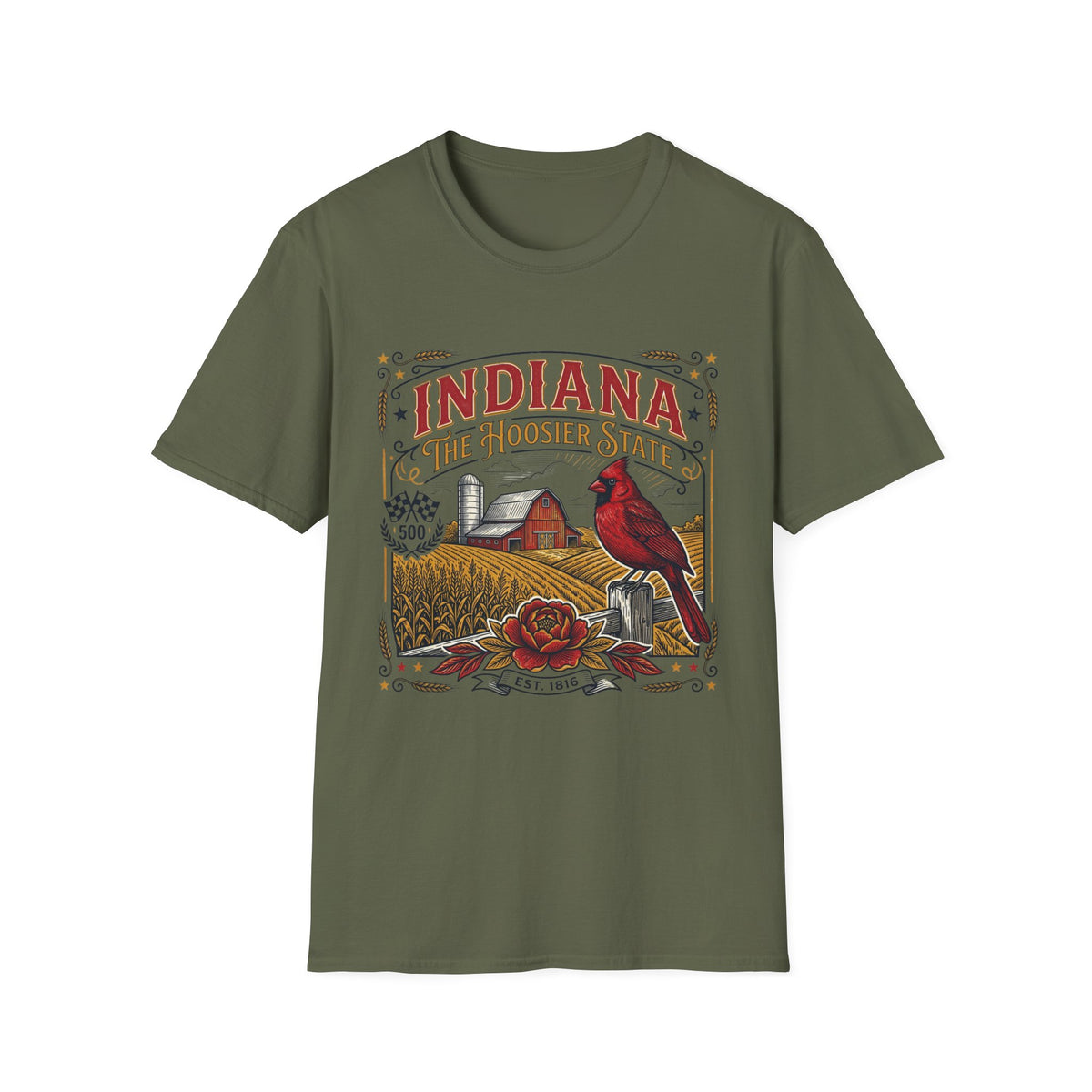 Indiana The Hoosier State T-Shirt — Farm Vintage Travel Tourist Graphic Design Unisex 100 Cotton Gildan T-Shirt