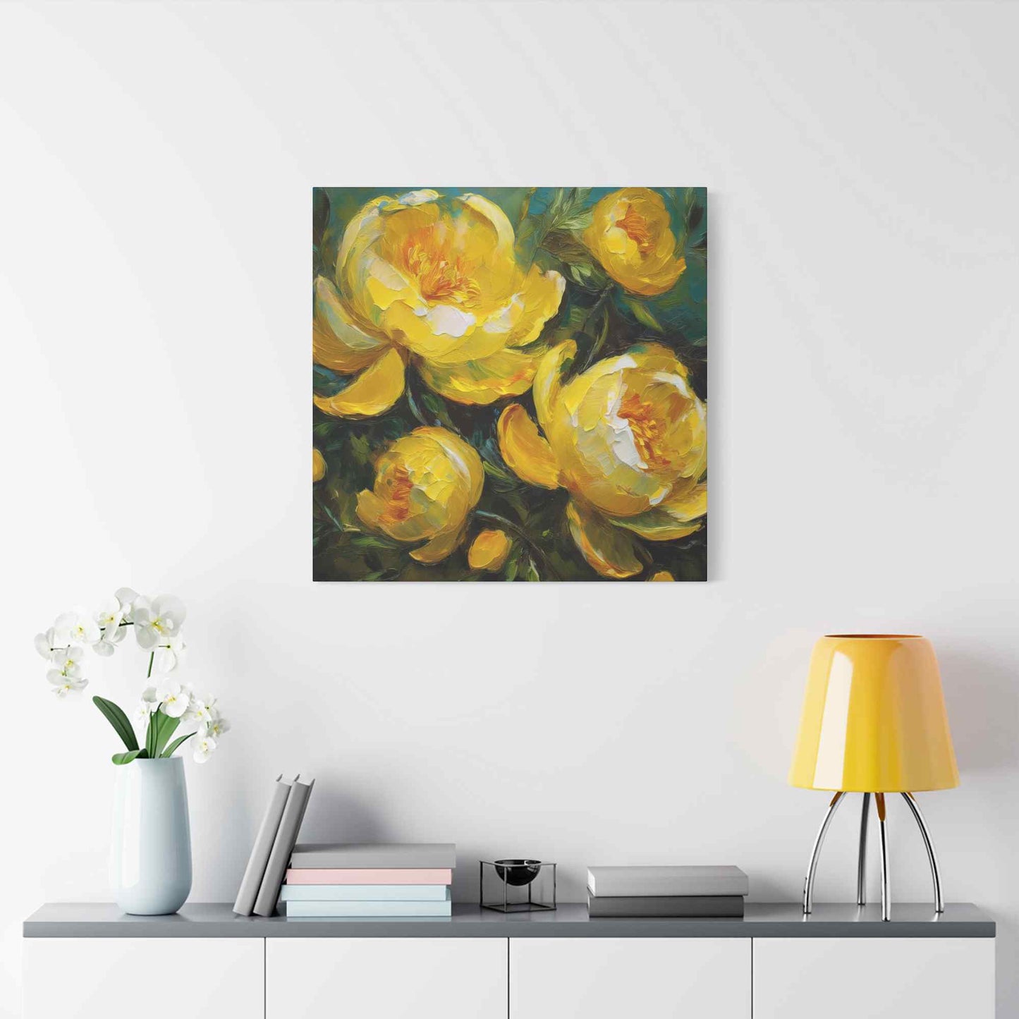Yellow Peonies Print Canvas, Floral Oil Paint Print 20x20, 24x24, 30x30, 32x32, 36x36 Art Design Pine-Wood Inner Frame MC-122