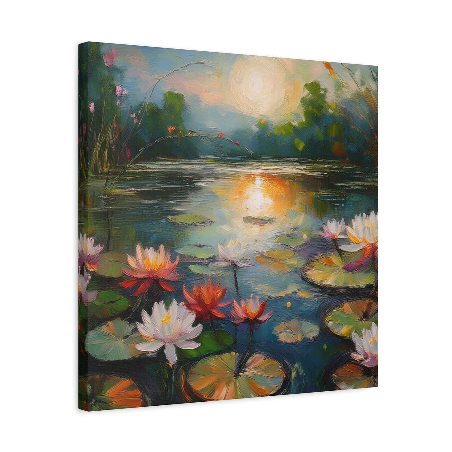 Water Lilies Print Canvas, Oil Paint Print 20x20, 24x24, 30x30, 32x32, 36x36 Floral Art Print Pine-Wood Inner Frame MC-66