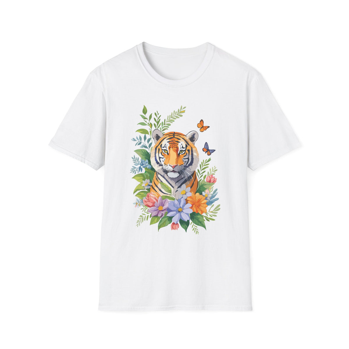 Watercolor Tiger with Butterflies T-Shirt | Floral Jungle Tee