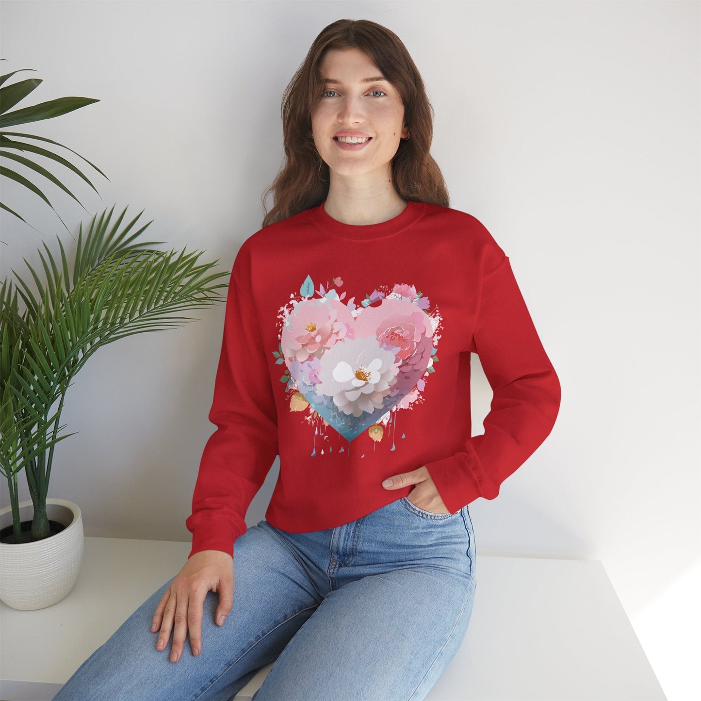 Unisex Floral Heart Sweatshirt For Valentines Day With Love Floral Print Crewneck