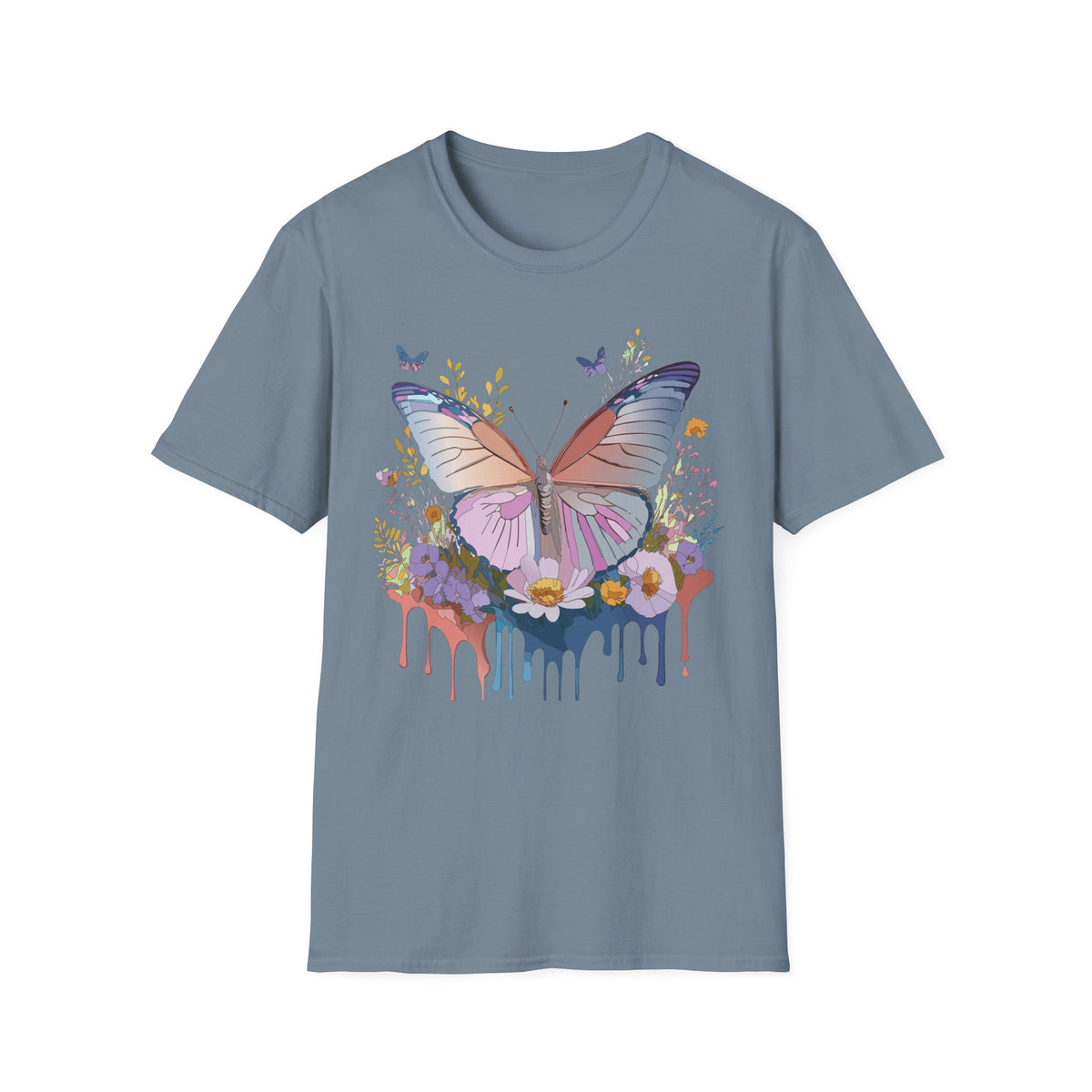 Butterfly Floral T-Shirt — Pastel Watercolor Wings with Drip Art Graphic Tee Unisex 100 Cotton Gildan T-Shirt