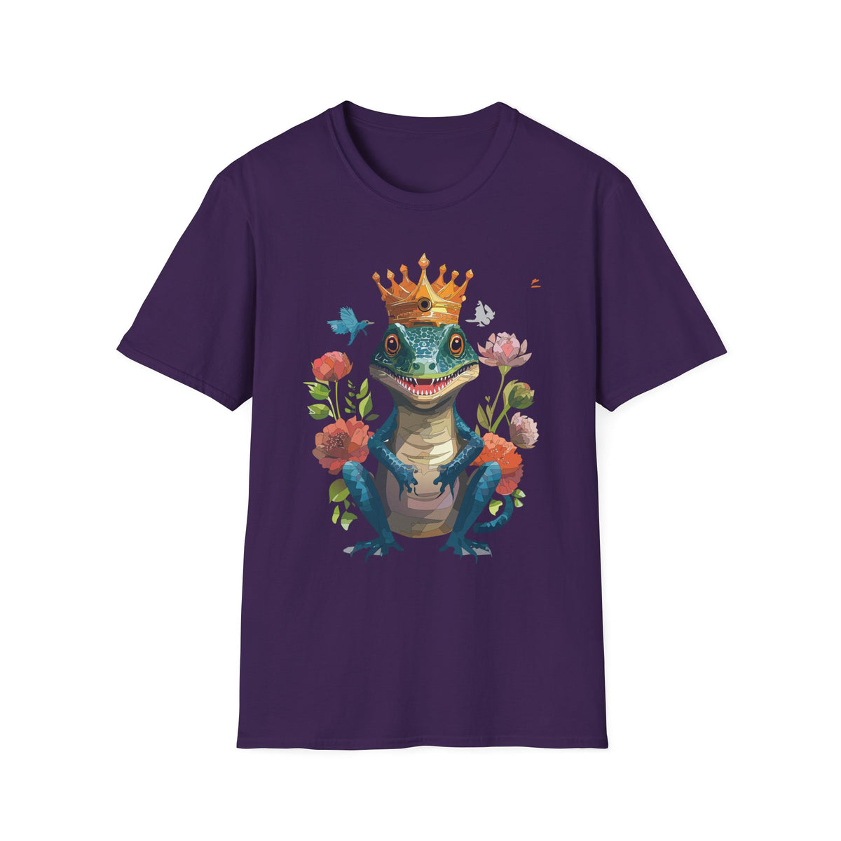 Crowned Lizard Illustration T-Shirt | Regal Gecko with Flowers