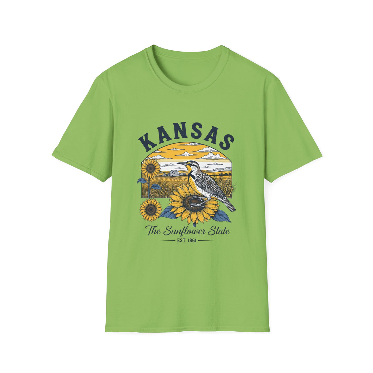 Kansas Sunflower State T-Shirt — Meadowlark Sunflowers Travel Tourist Graphic Design Unisex 100 Cotton Gildan T-Shirt
