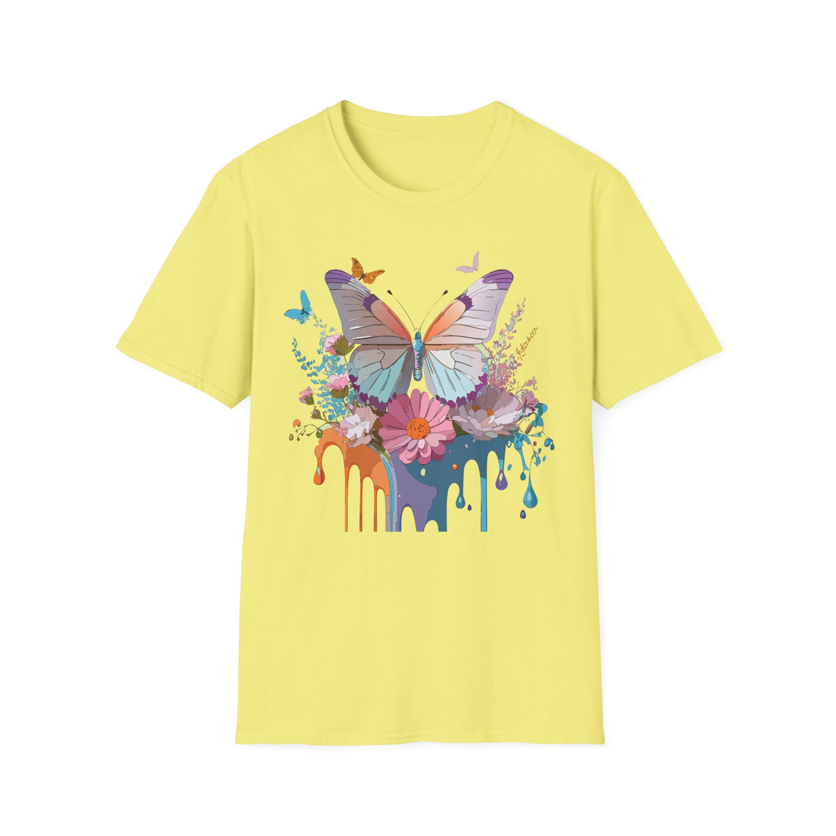 Butterfly Floral T-Shirt — Colorful Drip Art Garden Graphic Design Unisex 100 Cotton Gildan T-Shirt