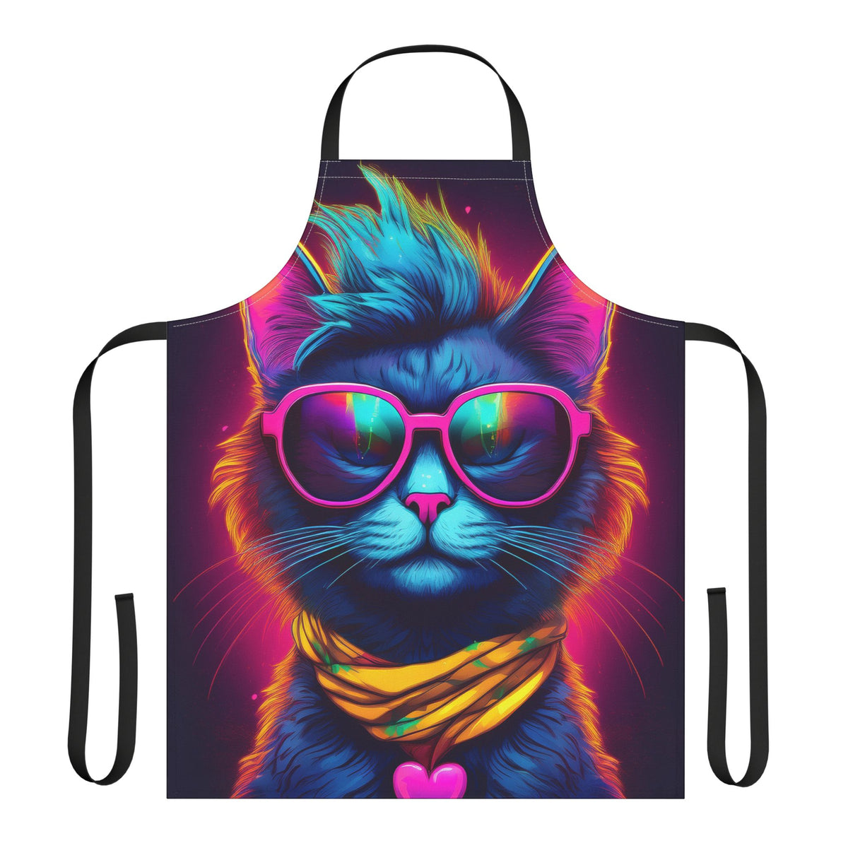 Cat Apron — Neon Cool Cat with Sunglasses & Bandana, Colorful Kitchen Apron Stain-resistant 31.5 x 25.6 | Art Print Canvas Apron
