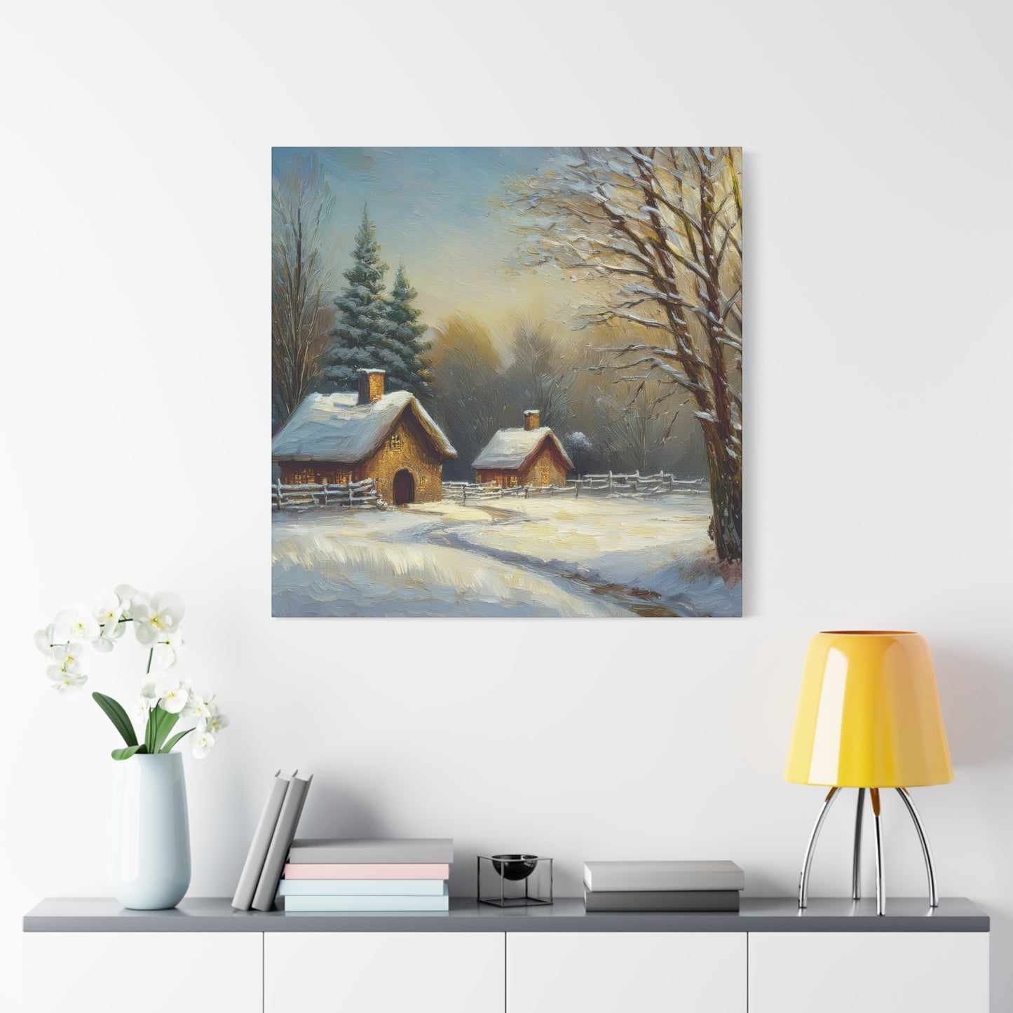 Countryside Winter Print Canvas, Oil Paint Print 20x20, 24x24, 30x30, 32x32, 36x36 Art Design Pine-Wood Inner Frame MC-113