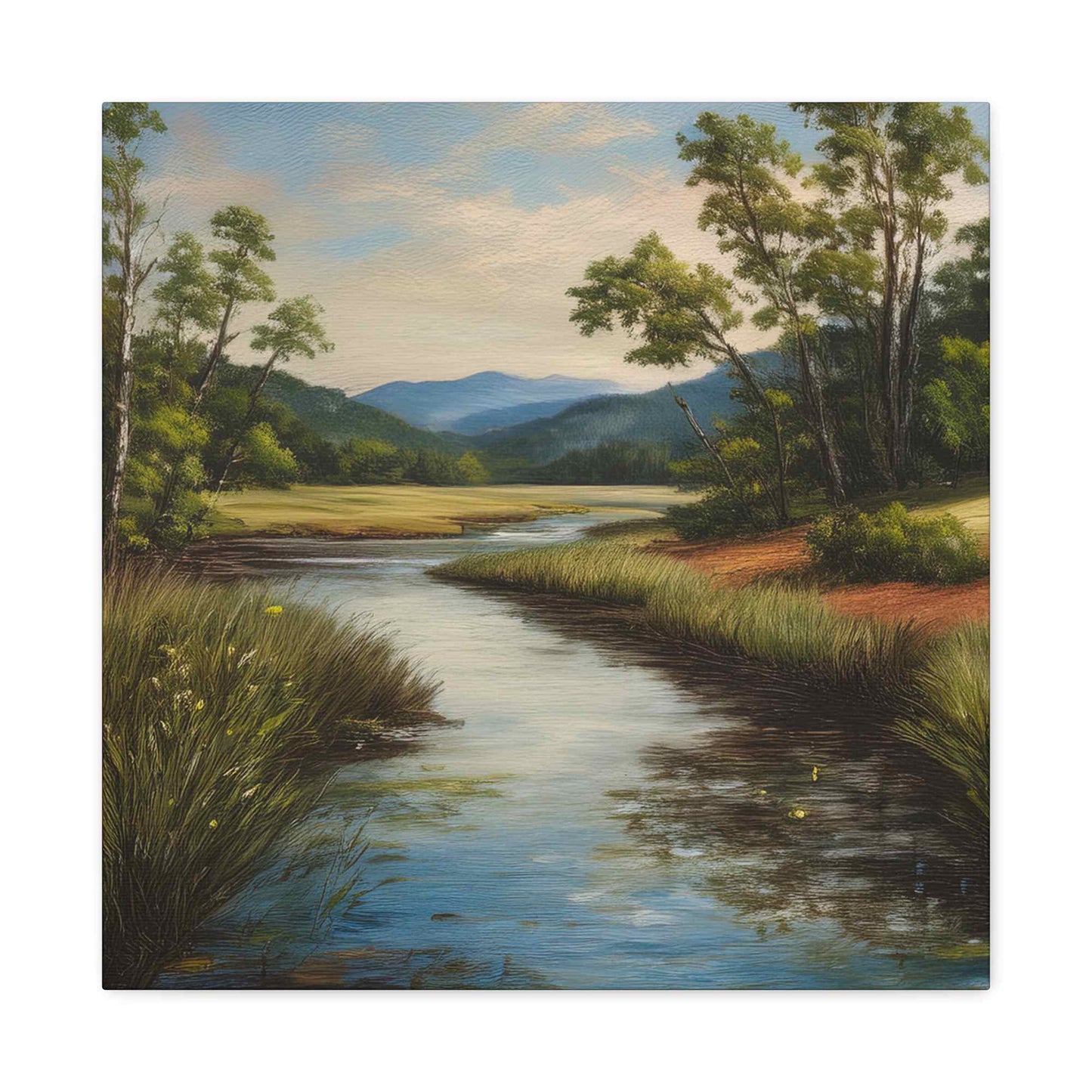 River Print Canvas, Landscape Oil Paint Print 20x20, 24x24, 30x30, 32x32, 36x36 Art Design Print Pine-Wood Inner Frame MC-50