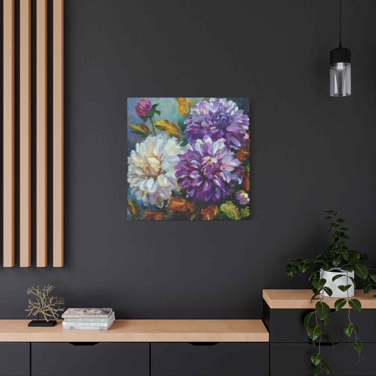 Dahlias Floral Print Canvas, Floral Oil Paint Print 20x20, 24x24, 30x30, 32x32, 36x36 Art Design Pine-Wood Inner Frame MC-173
