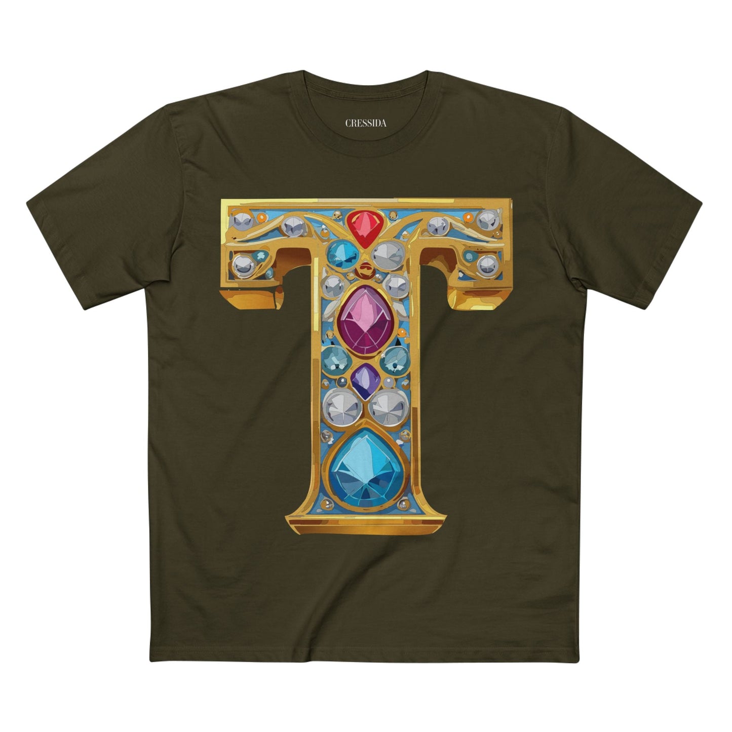 Letter T Graphic Design Tee Unisex 100 Cotton With Antique Gold Letters Artwork T-Shirt