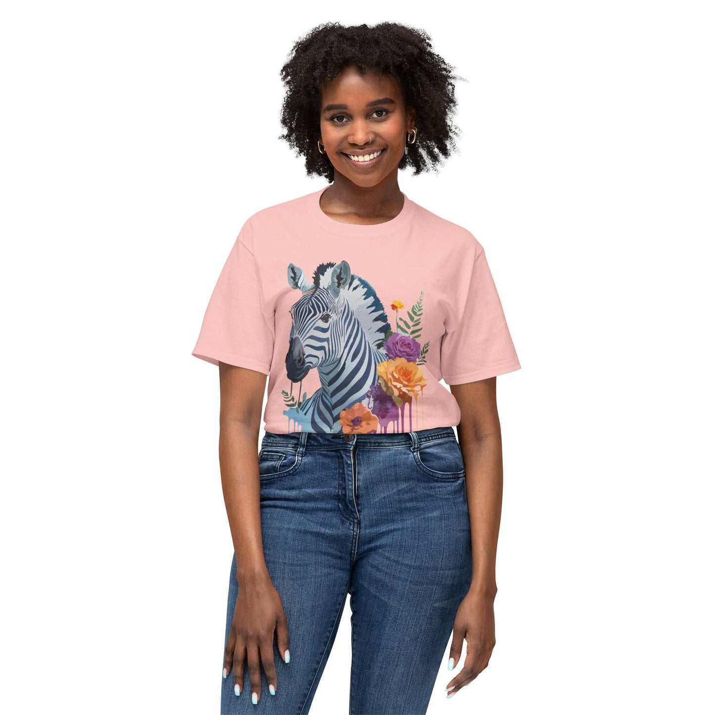 Unisex Zebra T Shirt With Floral Art Print Premium HD Cotton Jersey Tee Made In USA