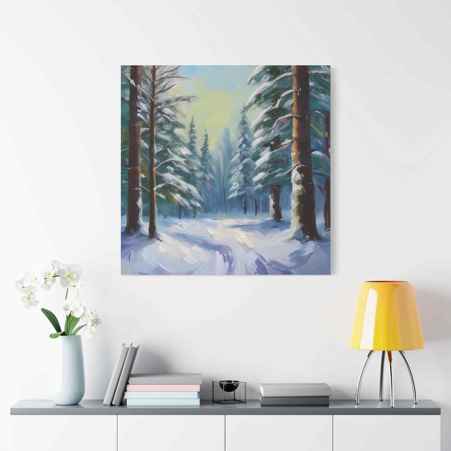 Snow Forest Print Canvas, Oil Paint Print 20x20, 24x24, 30x30, 32x32, 36x36 Art Design Print Pine-Wood Inner Frame MC-77