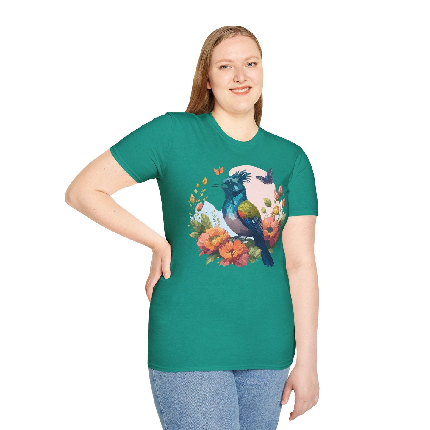 Floral Bird T Shirt Unisex Tee 100 Percent Ring Spun Cotton Softstyle Gildan 64000 Comfort Fit