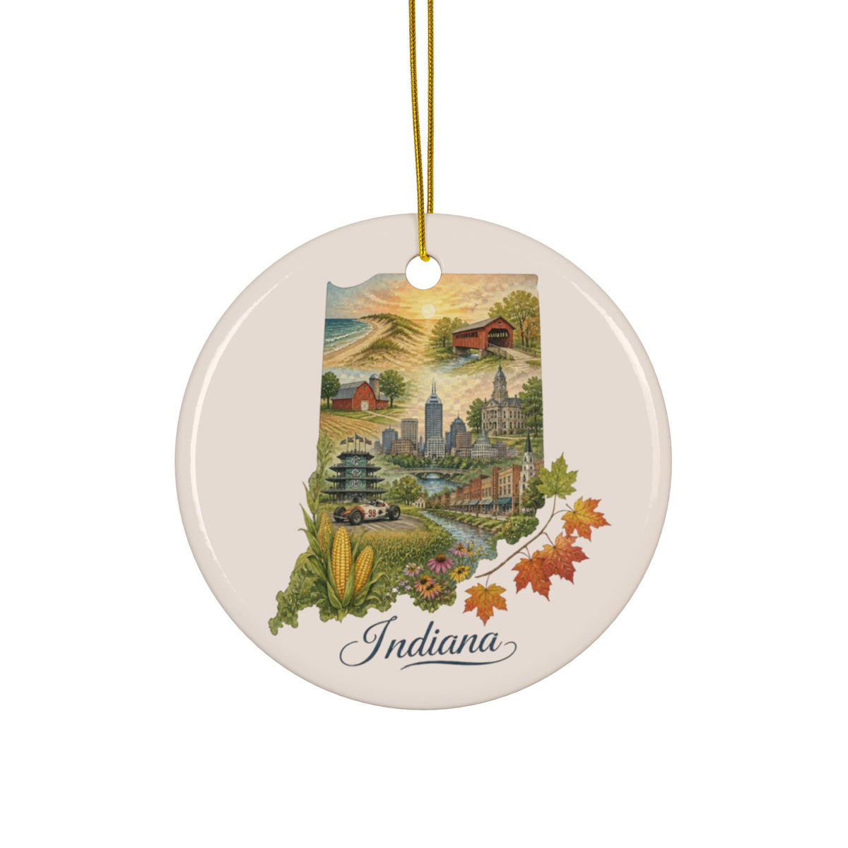 Indiana State Map Holiday Ornament | Ceramic Round Two-Sided Ornament - 2.99" Includes Gold String