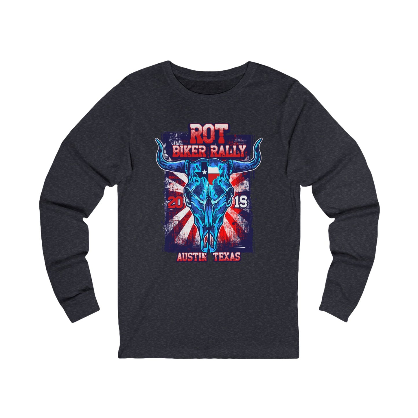 Biker Rally Unisex Bull Long Sleeve Tee, Bull Jersey Shirt, Biker Rally T-Shirts, Rodeo Art Design Tees Austin Texas T-Shirts