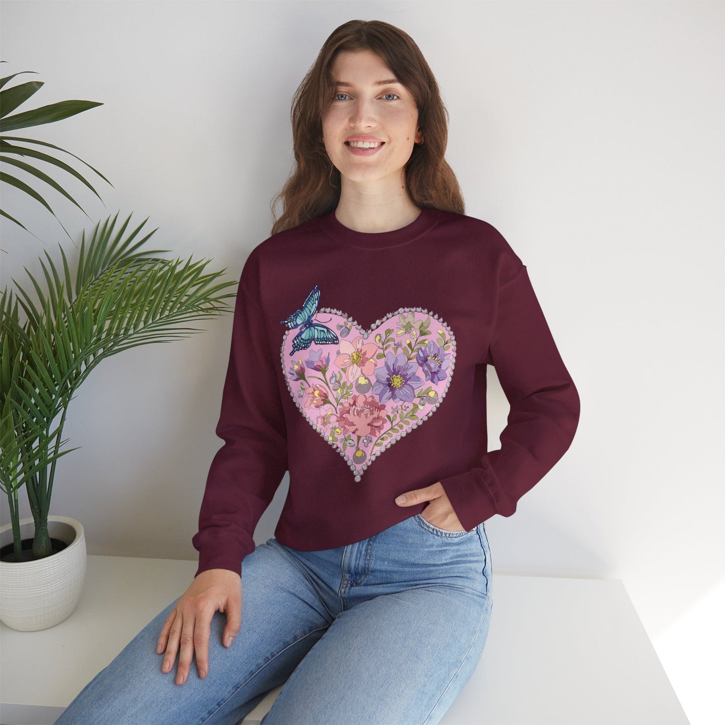 Floral Heart Sweatshirt Valentines Day Unisex Crewneck Cozy Comfort For Cold Weather