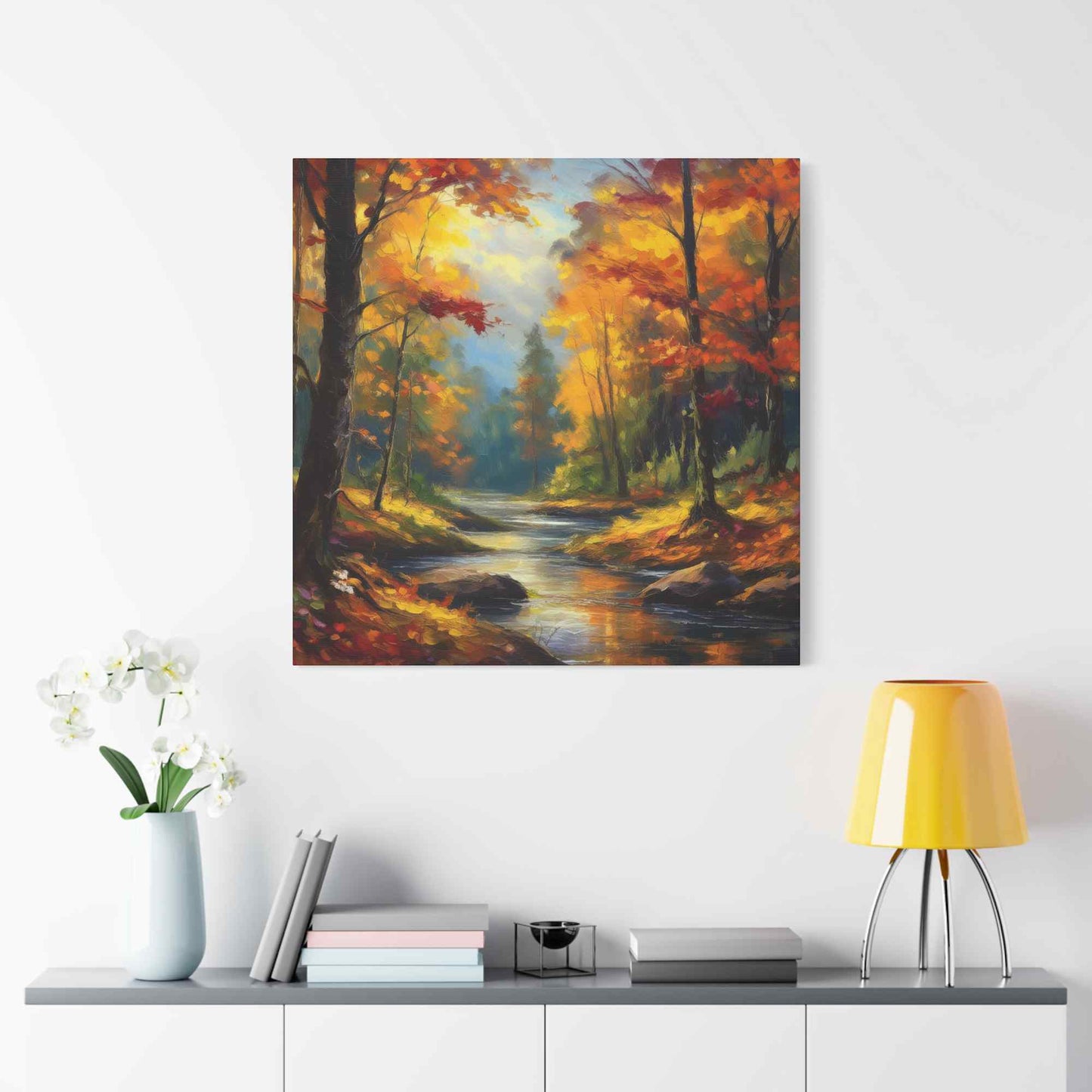 Fall Forest Print Canvas, Oil Paint Print 20x20, 24x24, 30x30, 32x32, 36x36 Art Design Print Pine-Wood Inner Frame MC-104