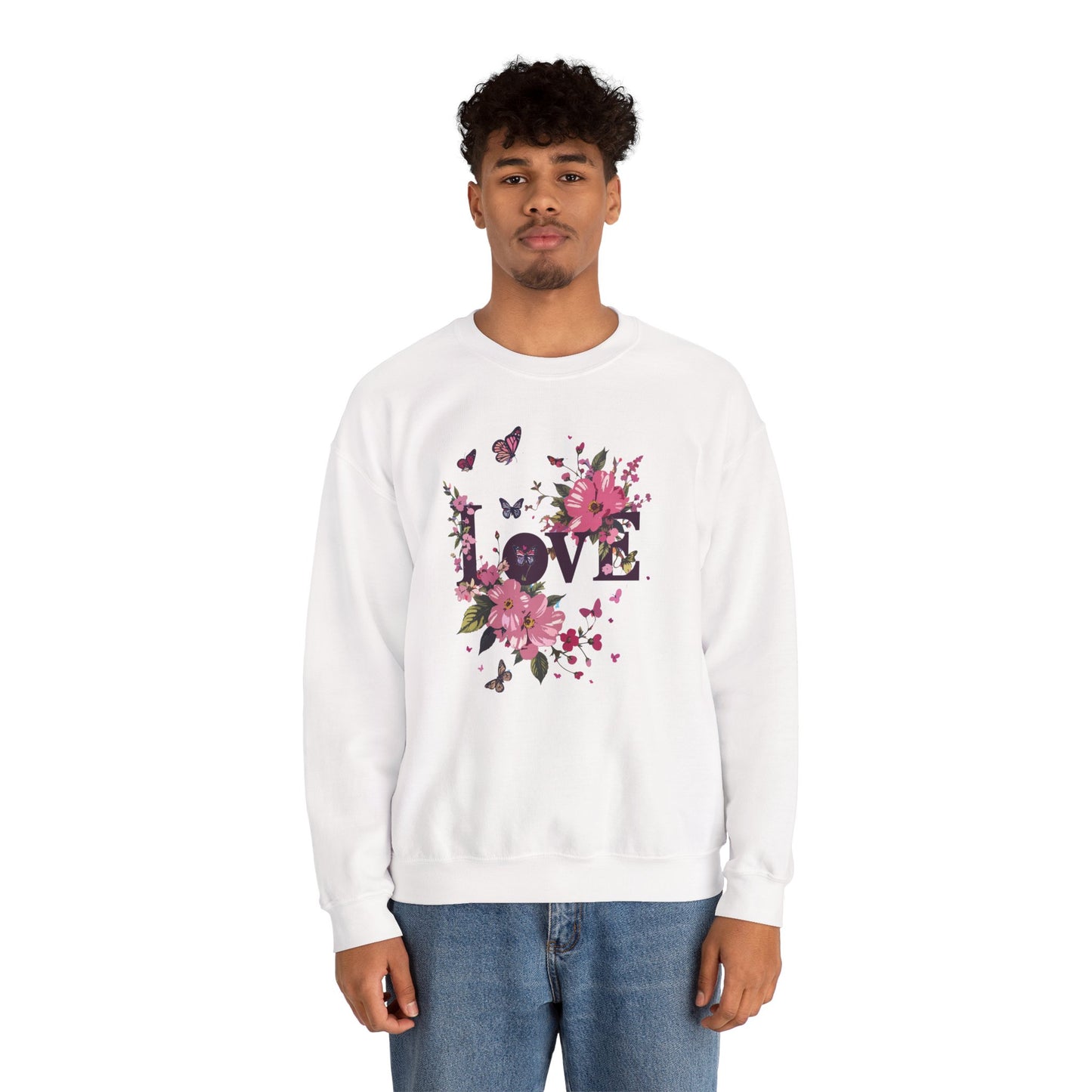 Unisex Floral Love Sweatshirt, Love Floral Sweatshirt, Floral Butterfly Sweatshirt, 50/50 Cotton-Poly Valentine's Day Sweatshirt 05