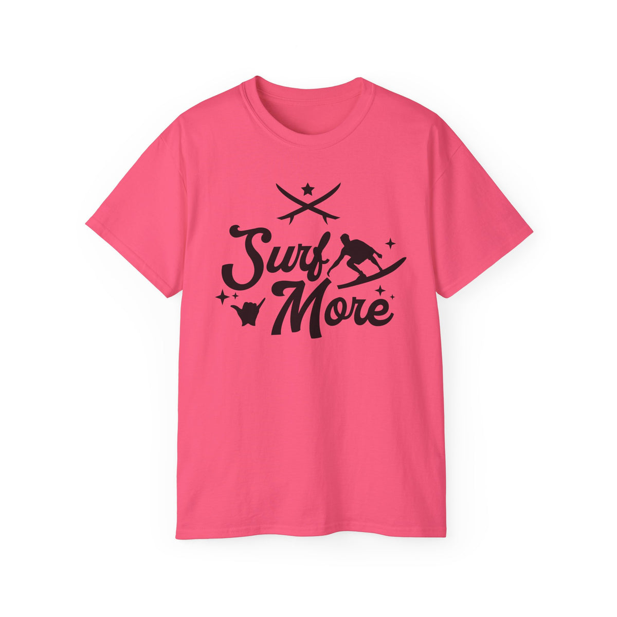 Surf More surfboard graphic Tee | surfer silhouette, waves, retro script