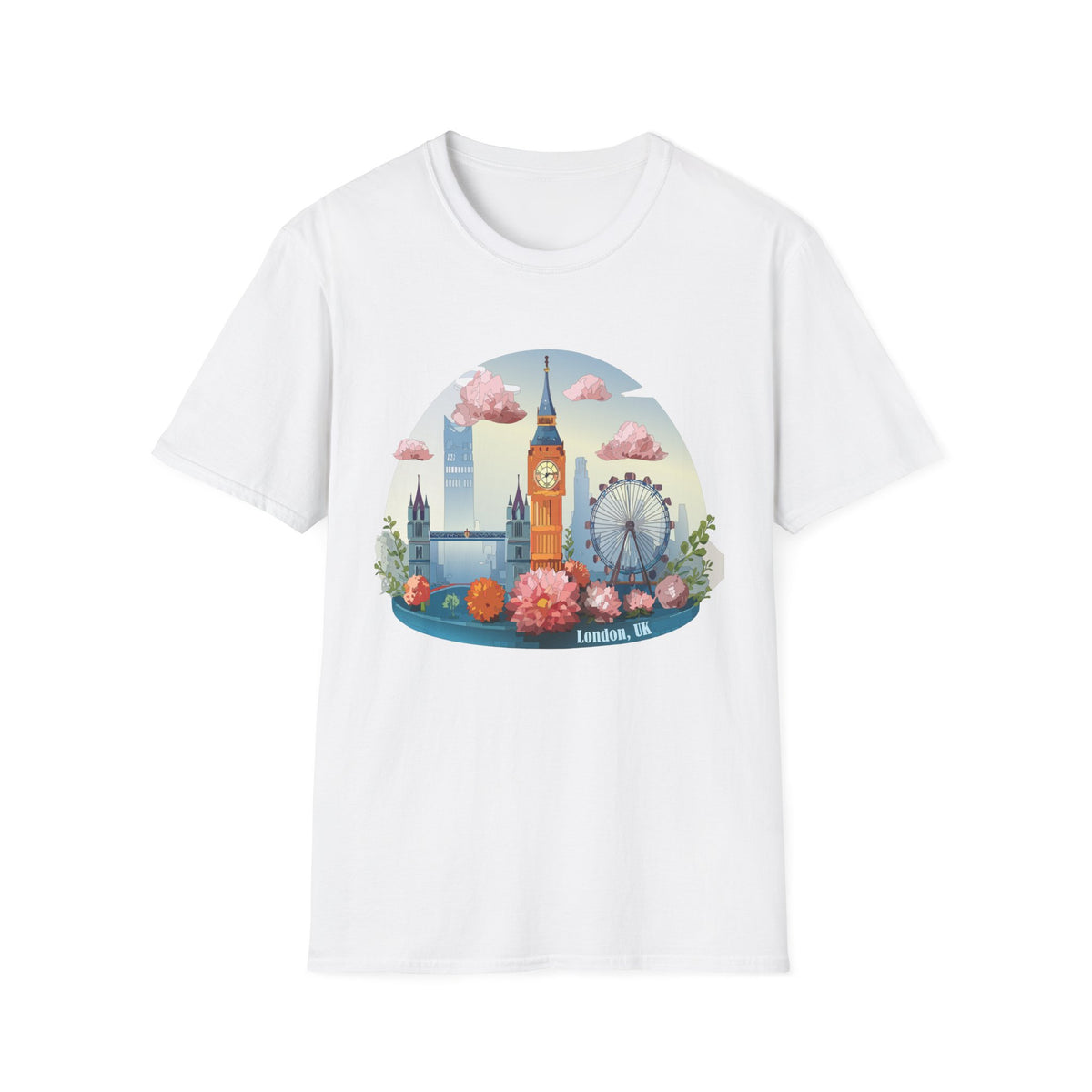 Whimsical London Skyline T-Shirt | Big Ben, London Eye, pastel clouds