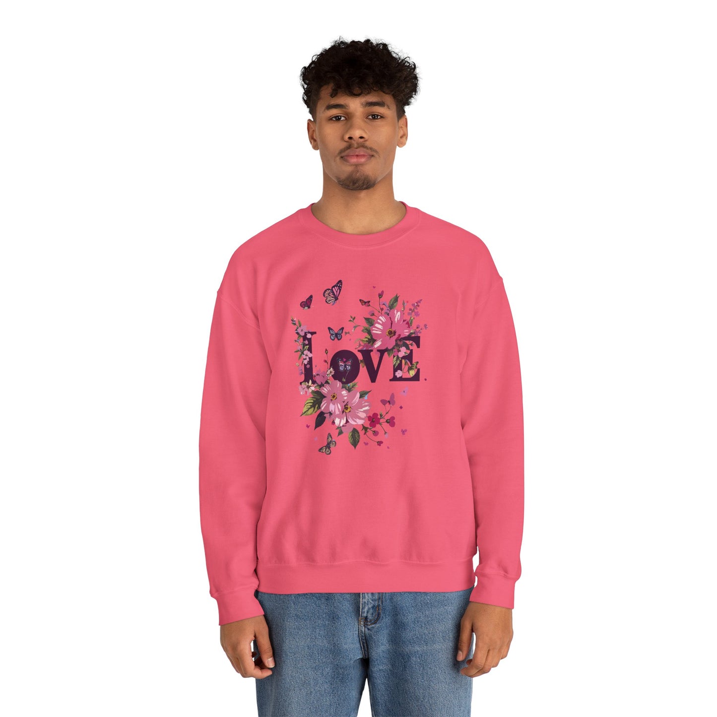 Unisex Floral Love Sweatshirt, Love Floral Sweatshirt, Floral Butterfly Sweatshirt, 50/50 Cotton-Poly Valentine's Day Sweatshirt 05