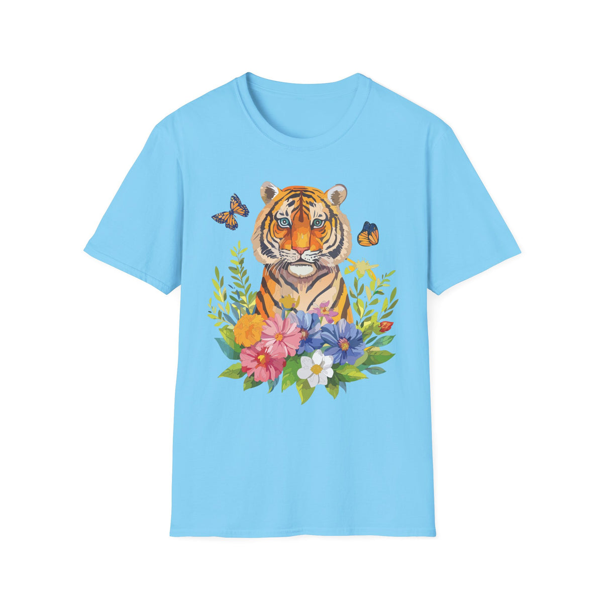 Tiger Portrait T-Shirt | Watercolor Tiger with Butterflies and Floral Accents Graphic Tee Unisex 100 Cotton Gildan T-Shirt
